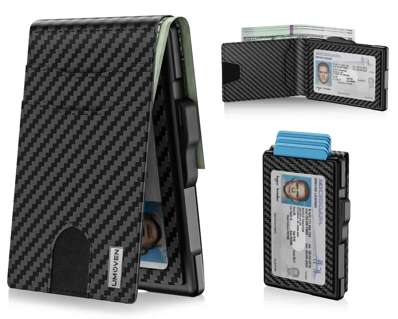 Minimalist Pop-Up Wallet for Men – RFID Blocking Aluminum Card Holder with Cash Slot, ID Window & Leather Front Pocket - Carbon
